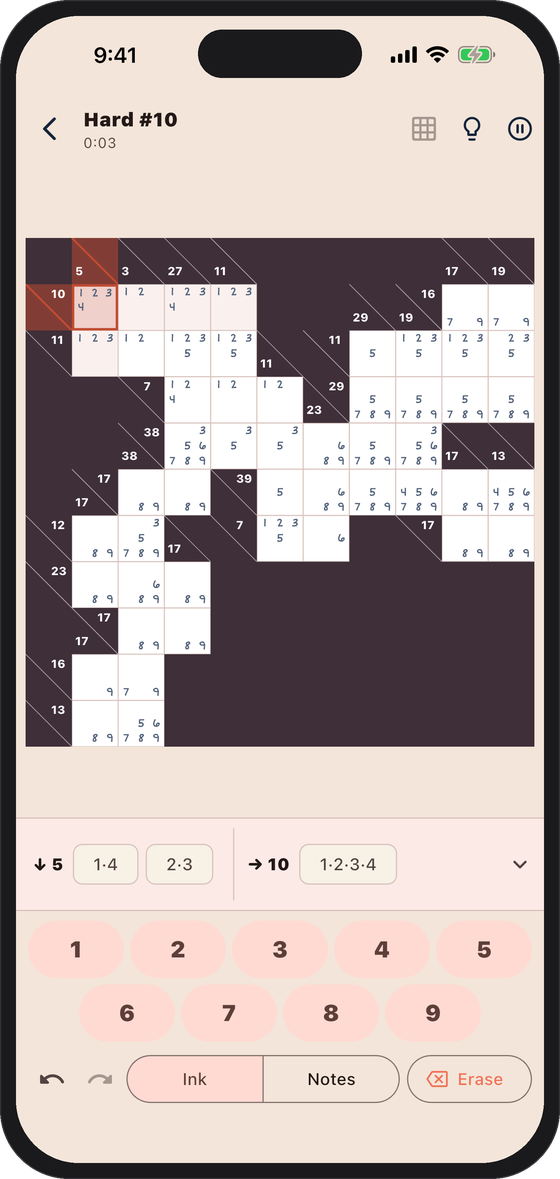 A large Hard Kakuro board filled with candidate notes