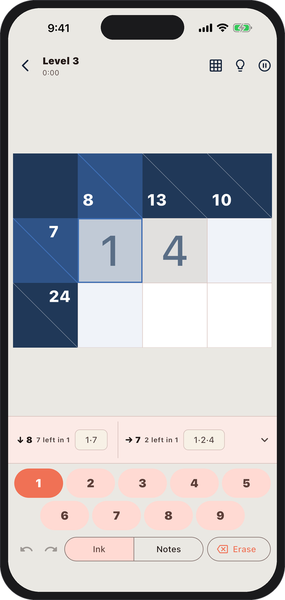 A beginner Kakuro puzzle with large cells and two provided digits