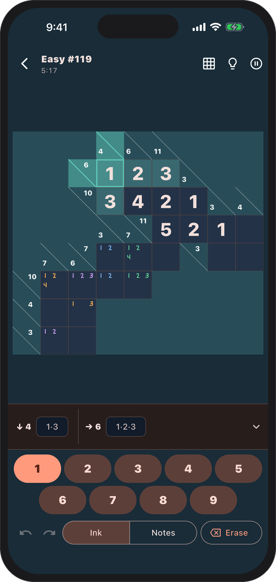 A Kakuro puzzle shown in the app's dark theme